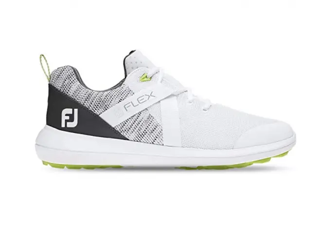 White FootJoy Men's Flex Golf Shoes with green bottoms